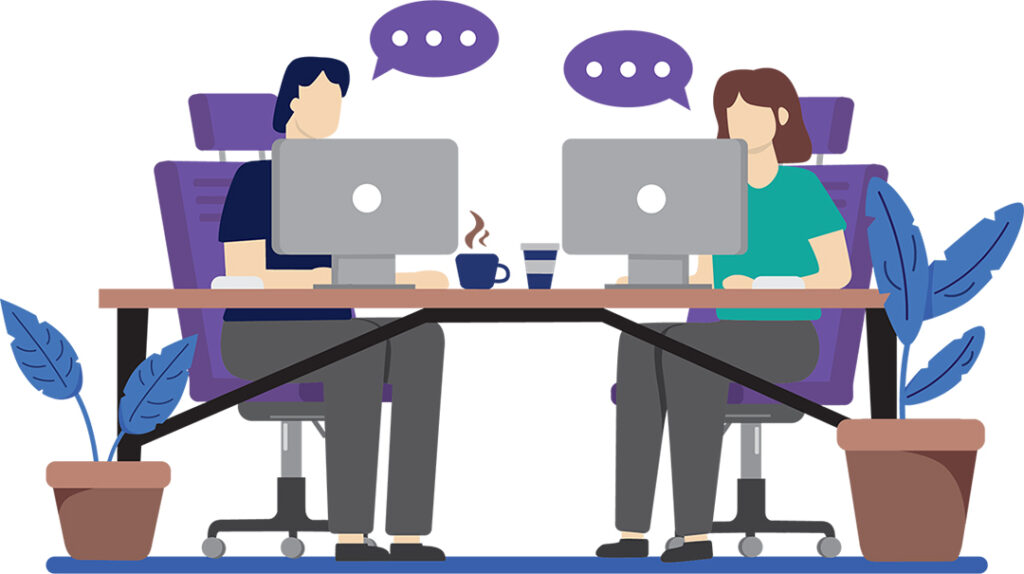 computers_guesteditorial Two people sitting at desks, facing each other, working on computers. Both have speech bubbles with ellipses above them, indicating a conversation.