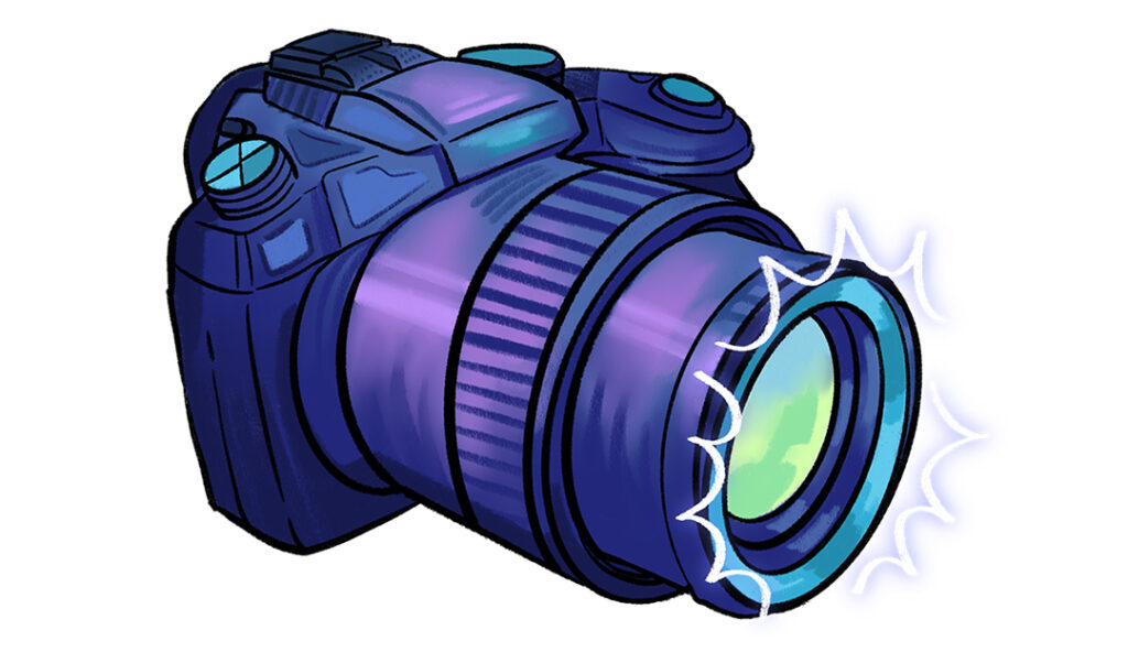 camera_deciphering-deepfakes_rs_issue_10_deciphering_deepfake_1_web A colorful digital drawing of a DSLR camera. The lens emits glowing, wavy energy lines, adding a dynamic, futuristic feel to the image.