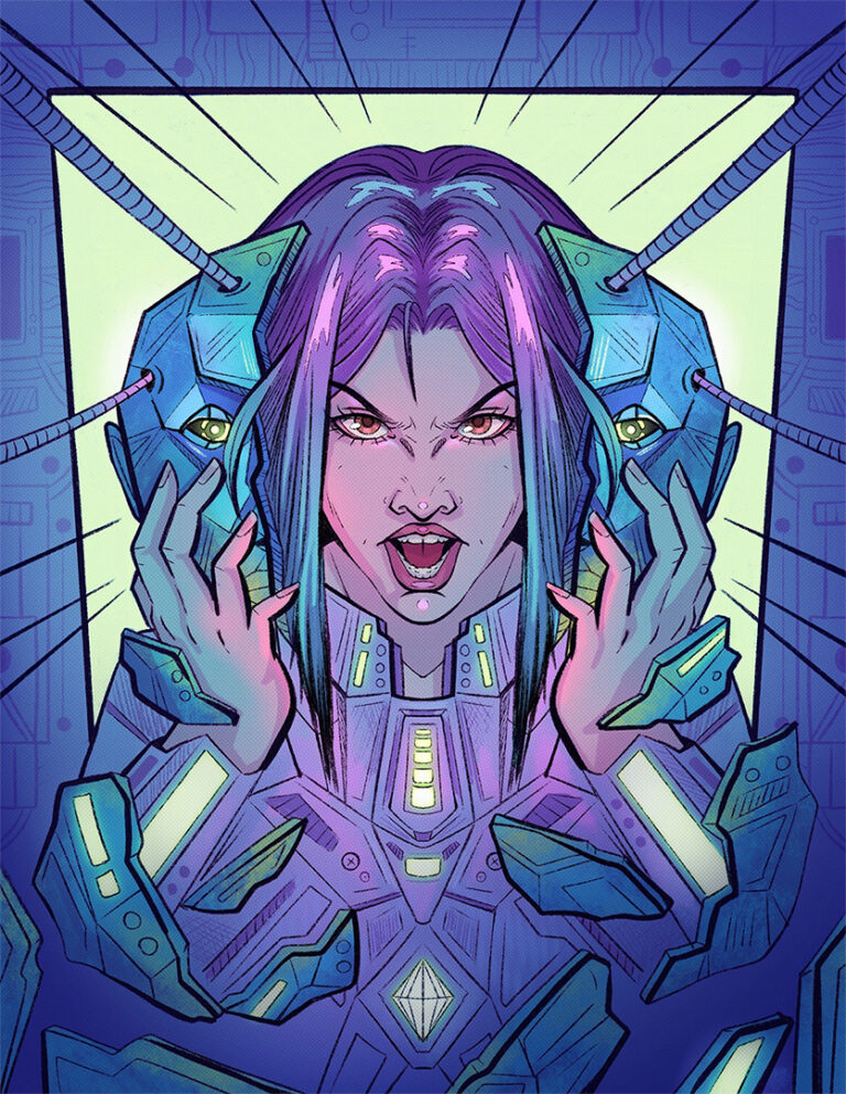 A stylized, cyberpunk depiction of a woman in a high-tech environment. She wears a glowing, intricate headset connected by wires, with an intense expression as if engaged in virtual reality or some futuristic interface.